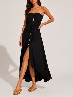 Elan Black Strapless High-Low Button-Front Maxi Dress Size XS